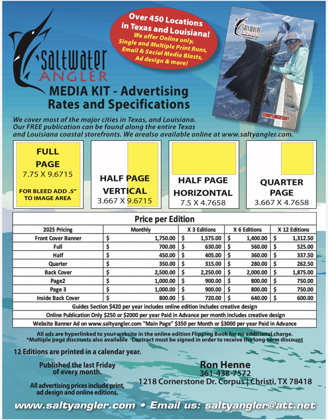 Ron Henne advertising media-kit flyer with rates, ad sizes and contact information