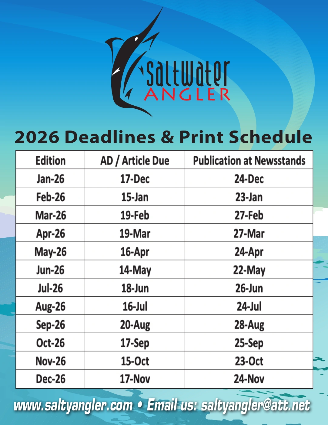 2026 Deadlines & Print Schedule flyer — full-page preview